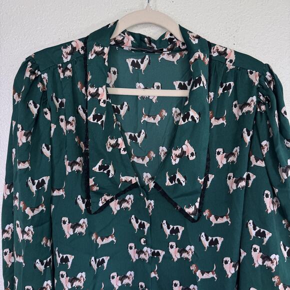 Zara Top Womens XL Dog Print Bow Button Blouse Novelty New Green Blogger Fave - Picture 5 of 13